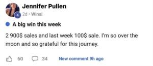 Small screenshot of a supplied social media post attributed to Jennifer Pullen reporting sales; not independently verified