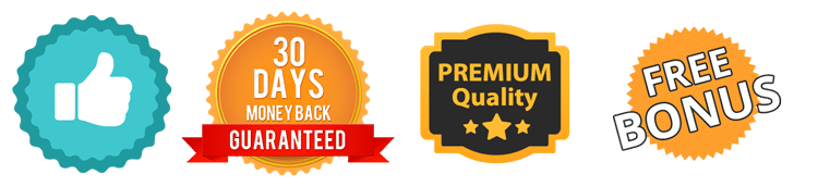 Promotional badge strip supplied with the product images, including a thumbs-up, 30-day money-back, premium quality, and free bonus badges